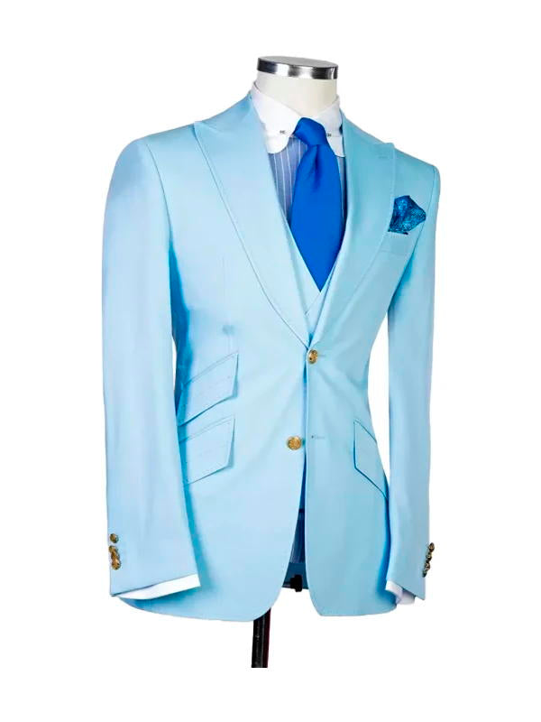 Sky Blue Peak Lapel Men's 3 Piece Suit