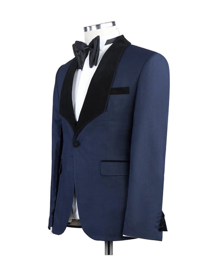 Navy Blue 3 Piece Black Satin Lapel Suits