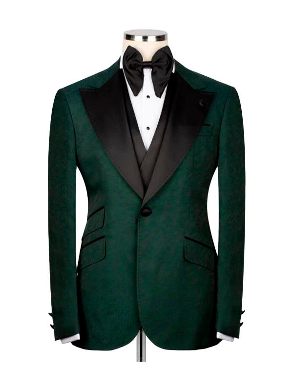 Green 3 Piece Black Collar Classic Jacquard Man Suit