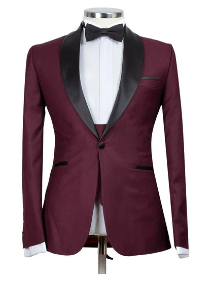 Men's Burgundy 3 Piece Shawl Lapel Tuxedos Suit