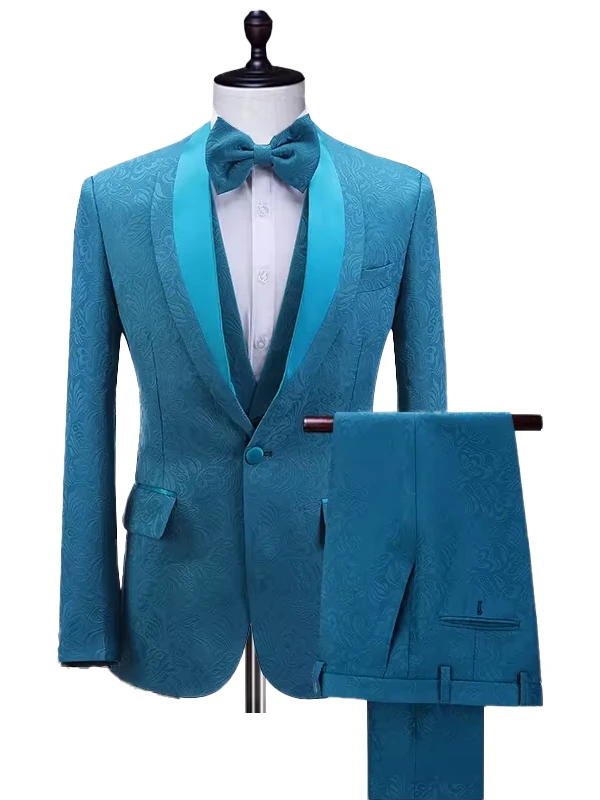 Blue Jacquard Shawl Lapel Slim Fit Wedding 3 Piece Suit