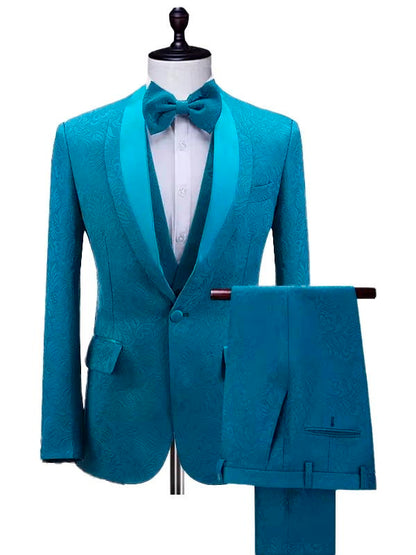 Blue Jacquard Shawl Lapel Slim Fit Wedding 3 Piece Suit