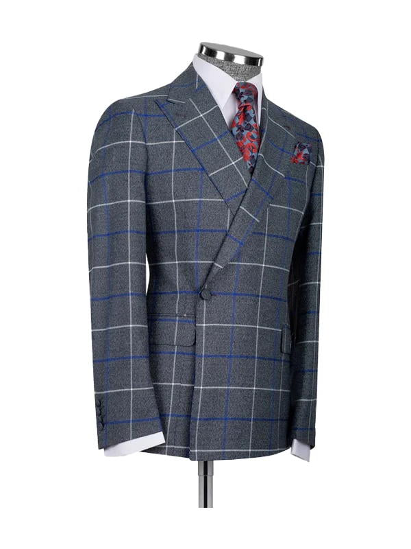 Blue 2 Piece Plaid Double Breasted One Button Suit