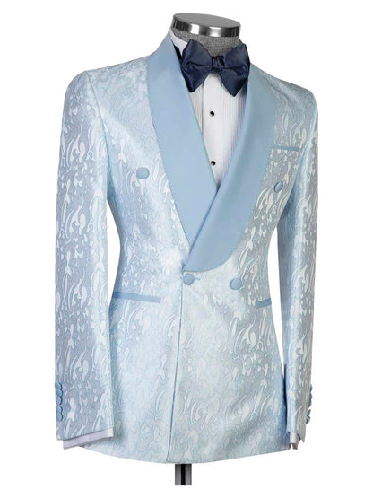 Blue Jacquard Double Breasted Shawl Lapel Suit