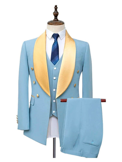 Sky Blue Golden Shawl Lapel Single Breasted Slim Fit Suit for Men