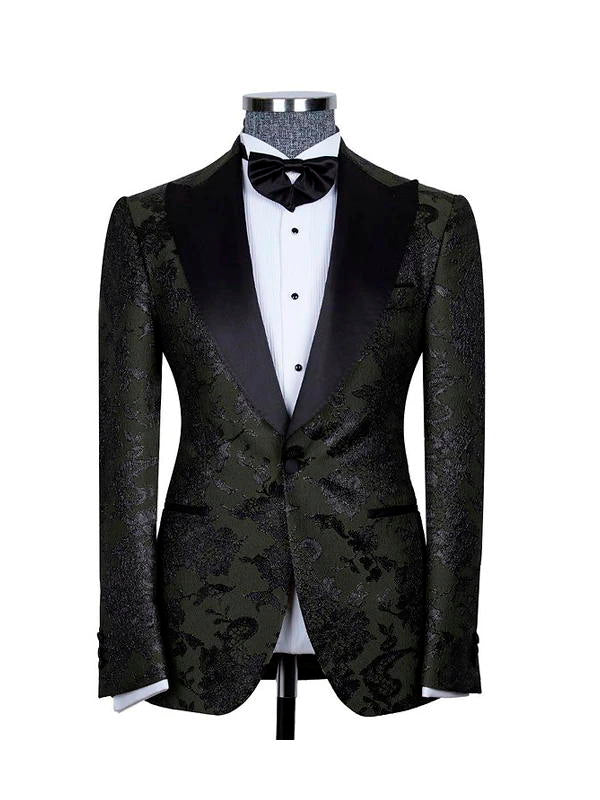 Black 3 Piece Peaked Lapel Classy Jacquard Suits