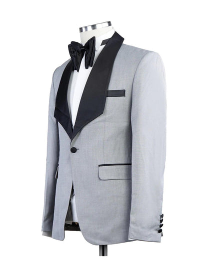 Light Grey 3 Piece Black Satin Lapel Suits