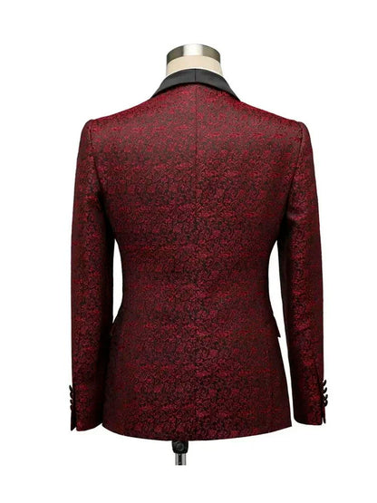 Men's Burgundy Shawl Lapel Jacquard Wedding Groom Suit