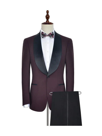 Burgundy with Black Shawl Lapel One Button Wedding Suits