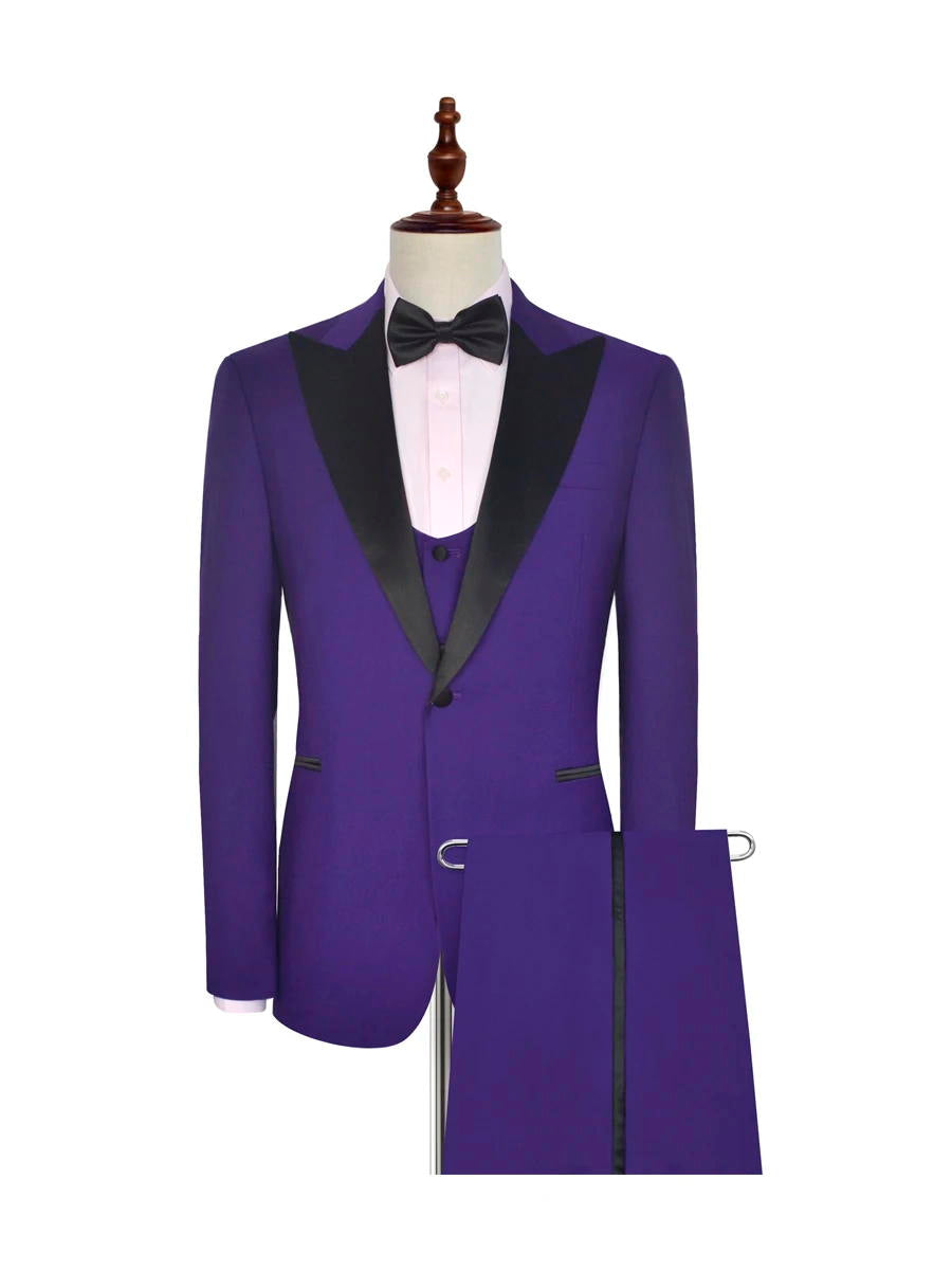 Purple Wedding Tuxedos Black Peak Lapel 3 Piece Suit