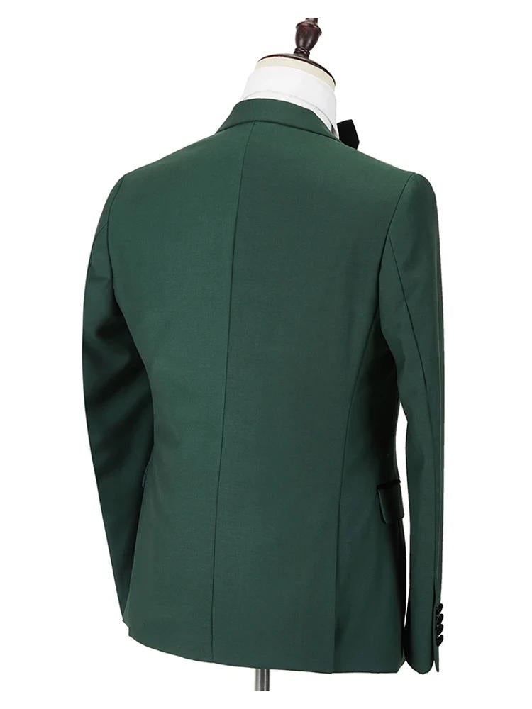 Green 3 Piece Wedding Blazer With Black Peak Lapel For Groom