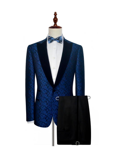 Blue Floral Pattern Black Peak Lapel Prom Tuxedos