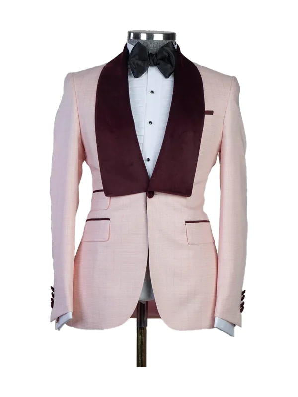 Pink 3 Piece Single Breasted White Shawl Lapel Tuxedo