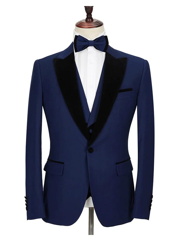 Dark Blue 3 Piece Peak Lapel Velvet Lapel Formal Suit