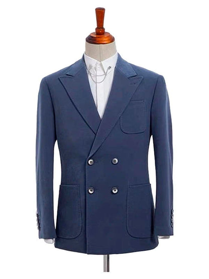 Navy Blue Double Breasted Peaked Lapel Suit For Formal Business