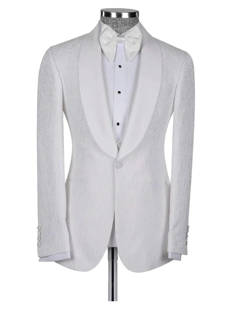 White Shawl Lapel Jacquard Wedding 3 Piece Suit