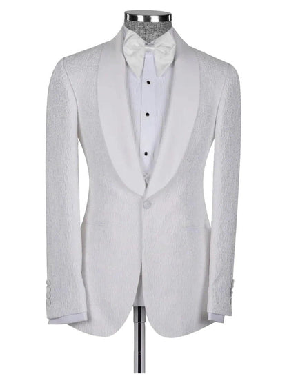 White Shawl Lapel Jacquard Wedding 3 Piece Suit