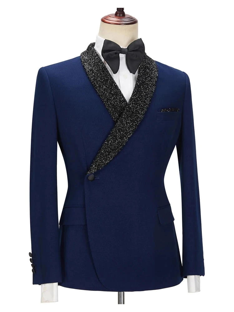 Navy Blue Sparkle Shawl Lapel Two Piece Men Suits