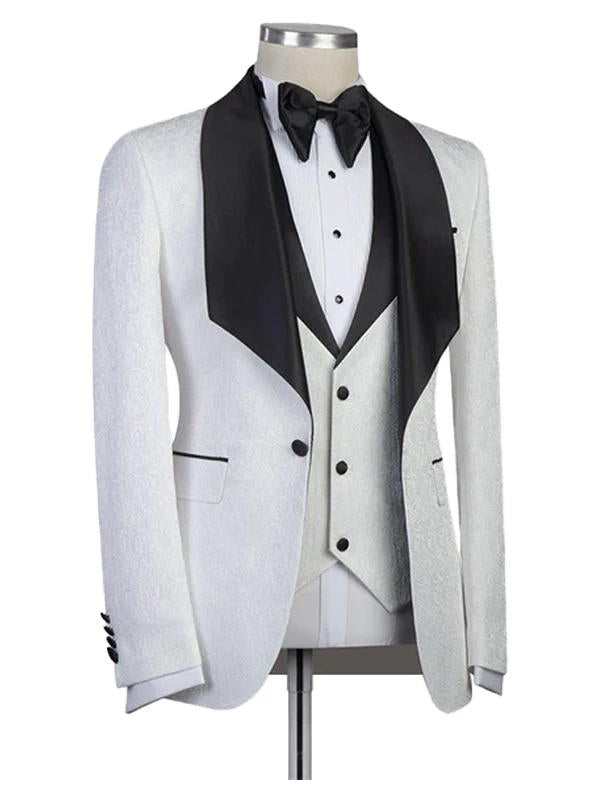 White With Black Shawl Lapel Wedding Groom 3 Piece Suits