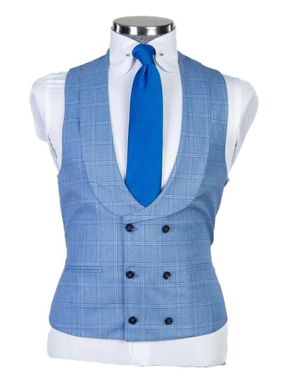 Blue Slim Fit Peak Lapel Single Breasted Plaid Man Suit