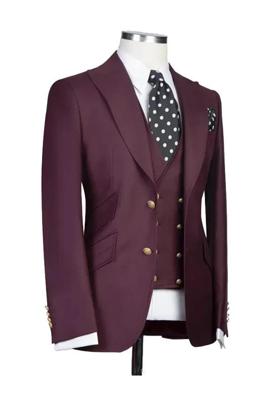 Burgundy Peak Lapel Men's 3 Piece Suit