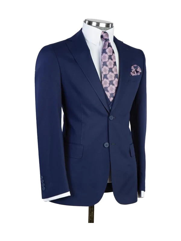 Navy Blue Classic Peak Lapel 3 Piece Suit