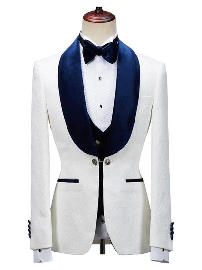 White 3 Piece Jacquard Shawl Lapel Suit