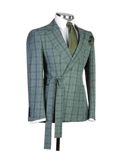 Grey 2 Piece Fashion Belted Notch Lapel Plaid Suit