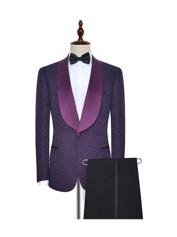 Dark Purple Jacquard One Button Shawl Lapel Men's Suits for Wedding and Prom