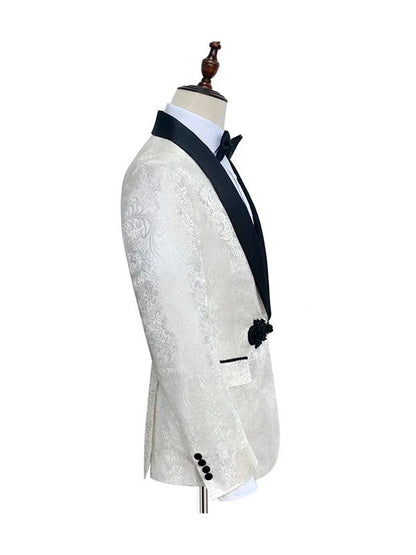 White Jacquard Knitted Button with Black Shawl Lapel Wedding Tuxedo for Men