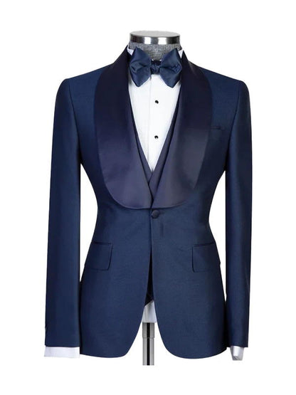 Navy Blue 3 Piece Satin Shawl Lapel Suit