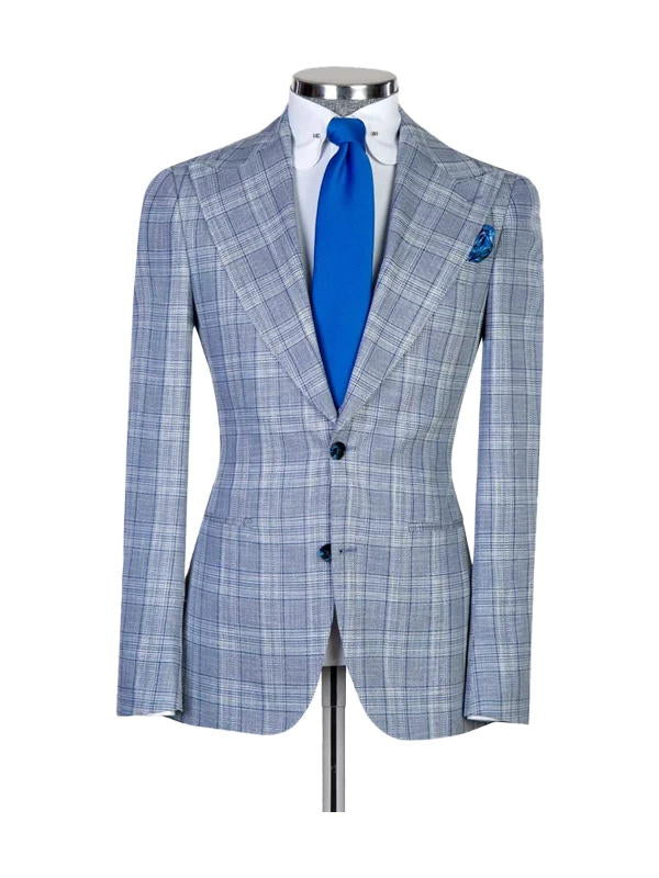 Light Blue Plaid Peak Lapel Single Breasted 3 Pieces Suits