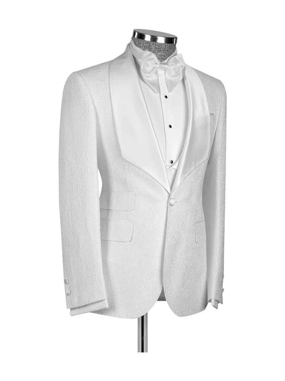 White 3 Piece Jacquard Slim Fit Shawl Lapel Wedding Suits with white lapel