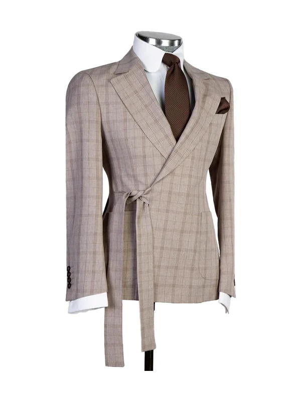 Brown 2 Piece Fashion Belted Peaked Lapel Plaid Suit