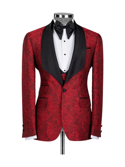 Red 3 Piece Jacquard Slim Fit Shawl Lapel Wedding Suits