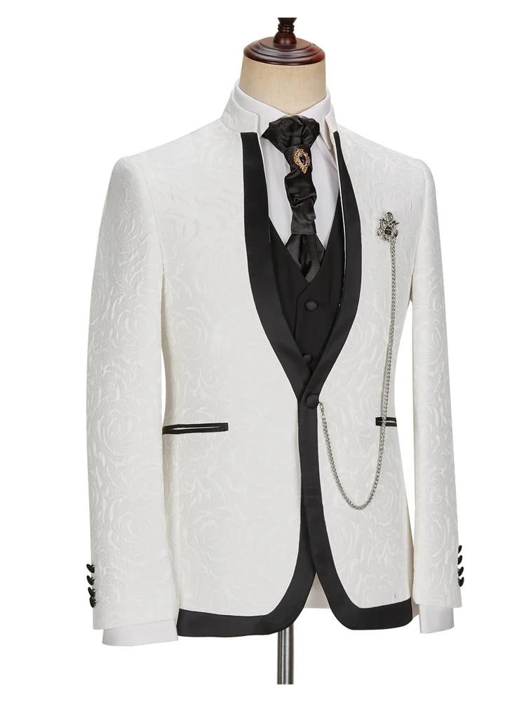 White Jacquard Prom 3 Piece Suit