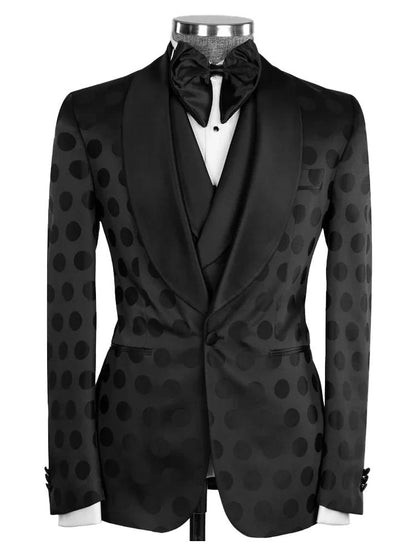 Black Dot Pattern Slim Fit Shawl Lapel 3 Piece Suit