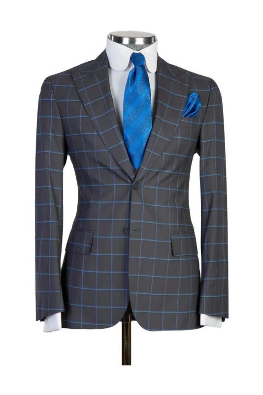 Dark Gray 3 Piece Luxurious Plaid Peaked Lapel Suit