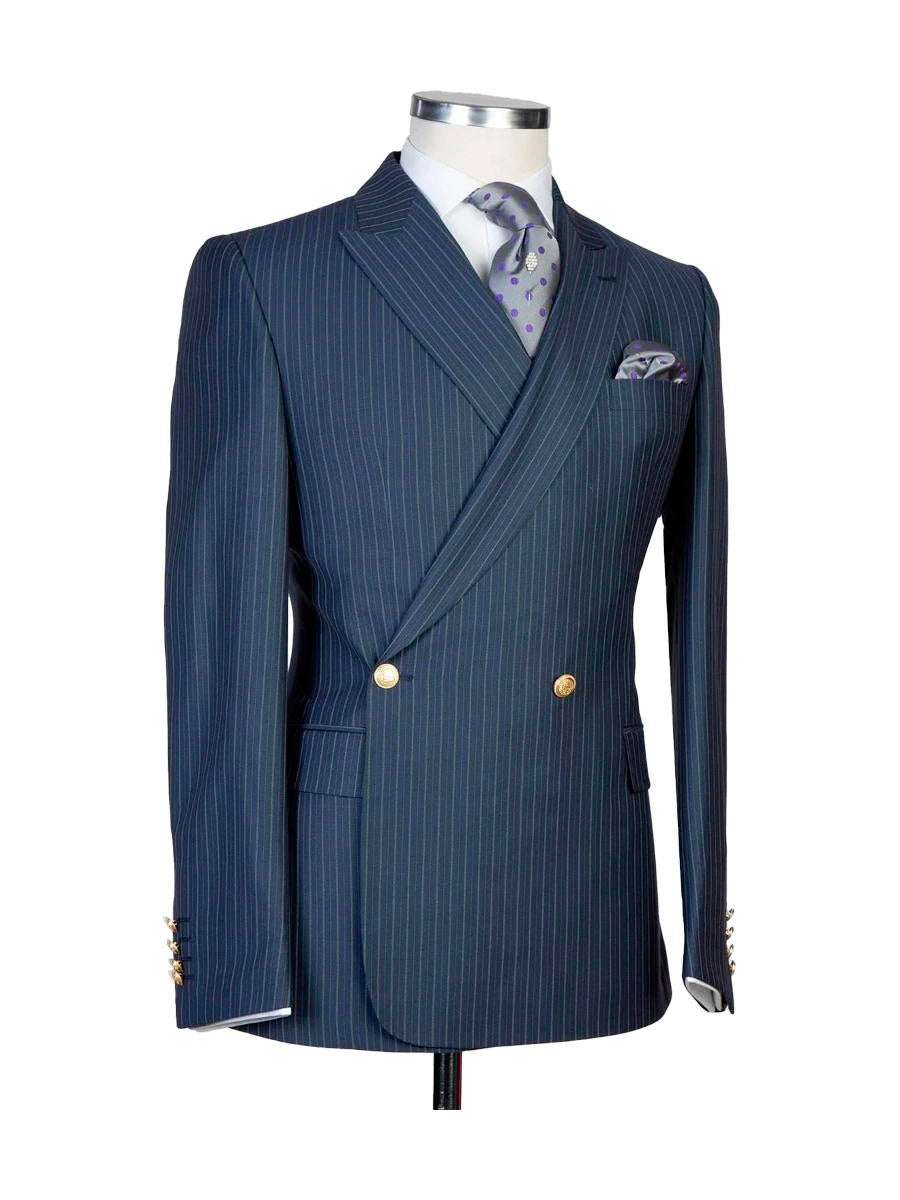 Navy Blue 2 Piece Striped Dark Double Breasted Suit