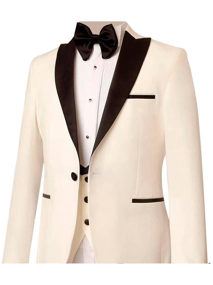 Off White Satin Peak Lapel Tuxedo 3 Piece Suit