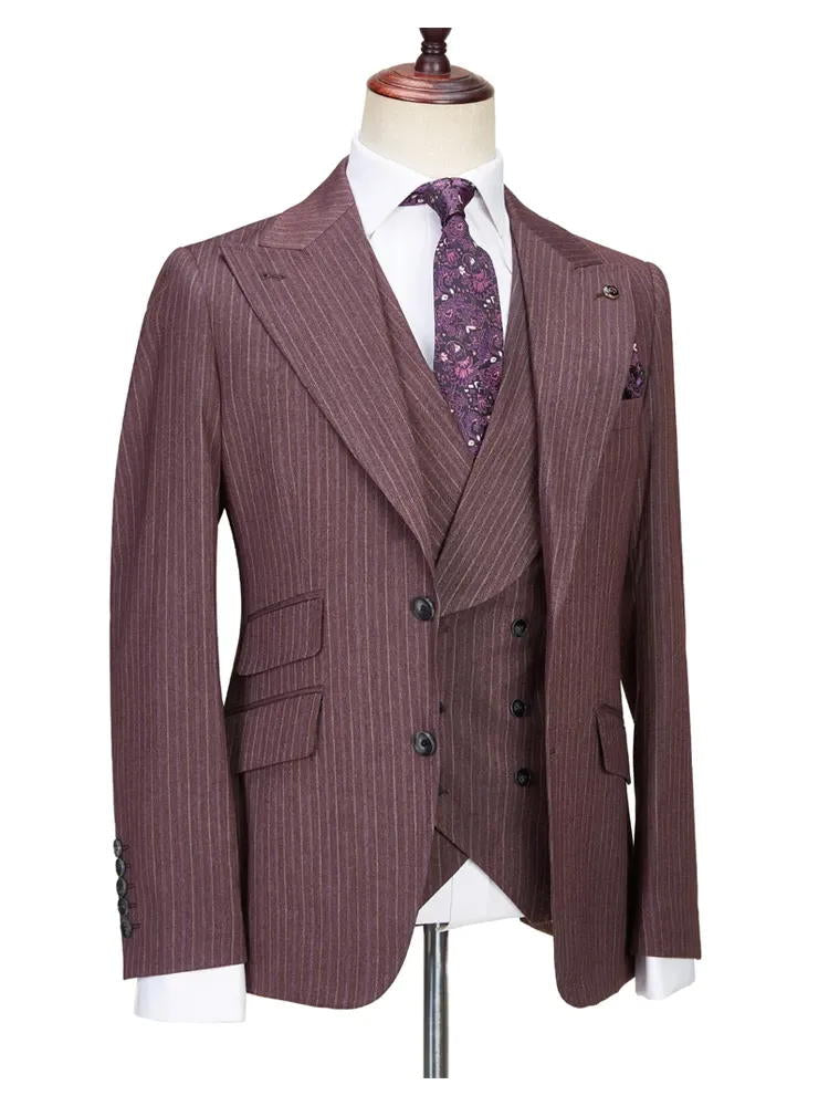 Stripe Dark Brown Wedding Tuxedo 3 Piece Suit