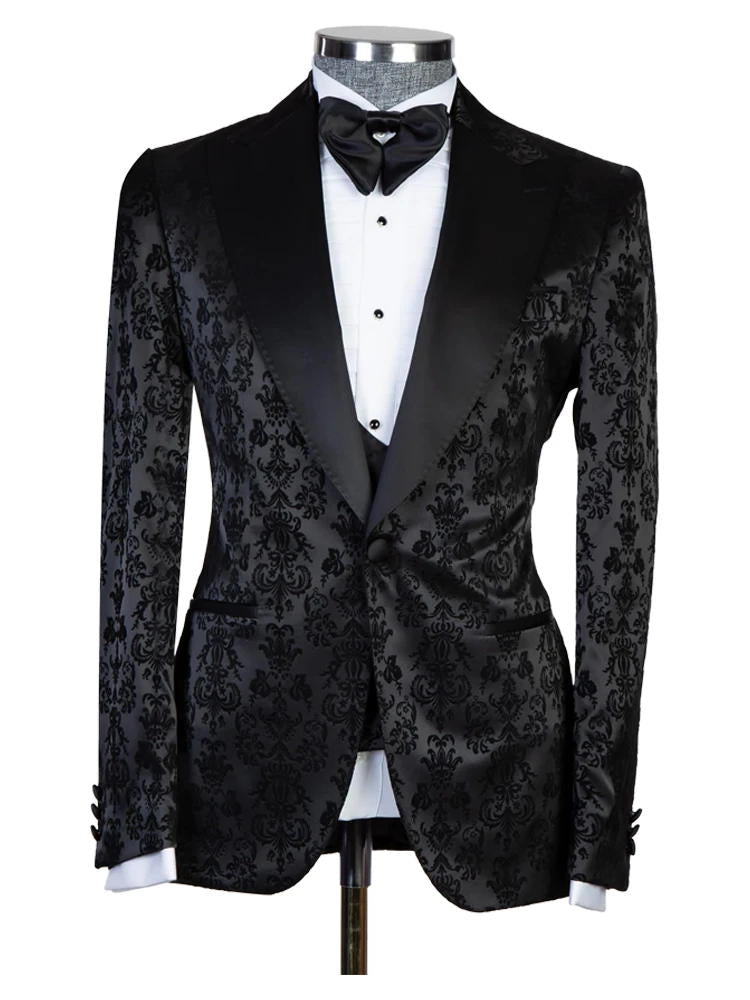 Black Peaked Lapel Elegant Bespoke Jacquard Three Pieces Men Suits