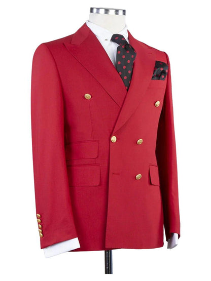 Red Peak Lapel Double Breasted Gold Button Wedding Suit