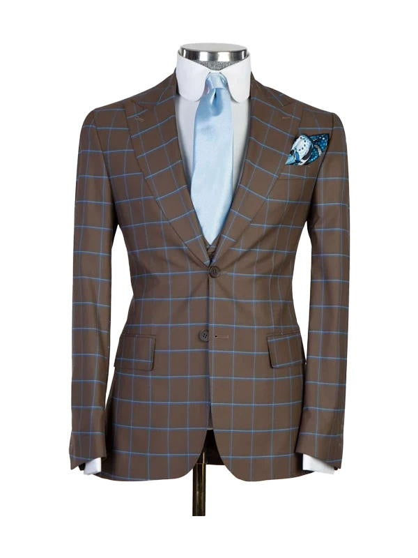 Dark Brown 3 Piece Luxurious Plaid Slim Fit Business Peaked Lapel Suits