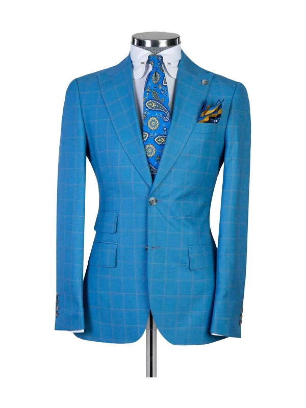 Sky Blue Plaid Peak Lapel Single Breasted Man Suit