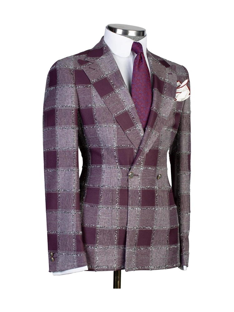 Purple 2 Piece Chic Plaid Notch Lapel Suits