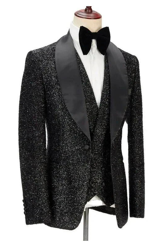 Sparkly Black 3-Piece Shawl Lapel Wedding Tuxedo