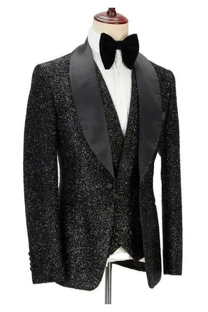 Sparkly Black 3-Piece Shawl Lapel Wedding Tuxedo