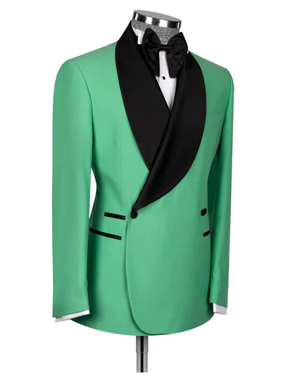 Green One Button Satin Black Collar Men Two Piece Suits