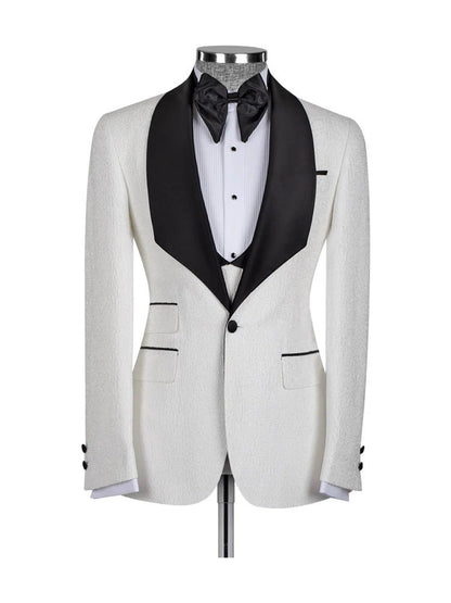 White 3 Piece Jacquard Slim Fit Shawl Lapel Wedding Suits
